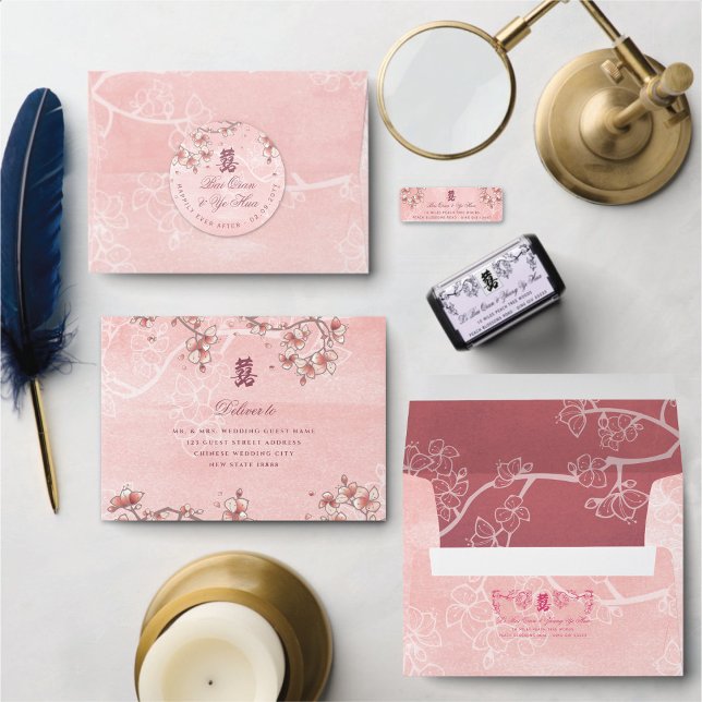 Peach Blossoms Double Happiness Chinese Wedding Envelope (ETERNAL LOVE PINK PEACH/PLUM BLOSSOMS ELEGANT FLORAL CHINESE WEDDING COLLECTION @ fatfatin_red_knot)
