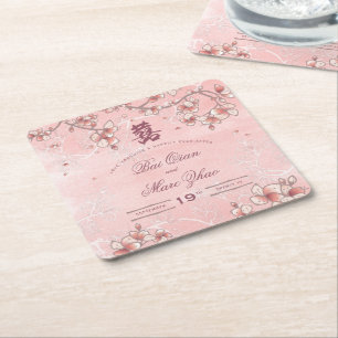 Peach Blossoms Double Happiness Chinese Wedding Square Paper Coaster