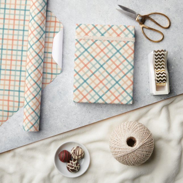 Peach Blue Beige Pastel Plaid Wrapping Paper (Crafts)