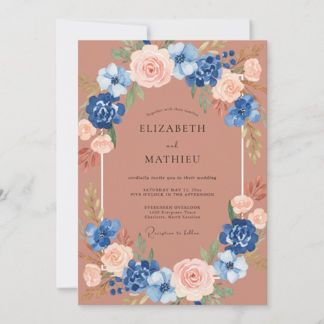 Peach Blue Botanical Romance Wedding Invitation (Front)