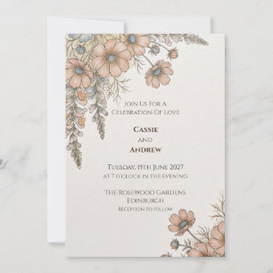 Peach Blue Botanical Wedding Invitation