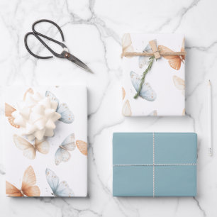 Peach Blue Butterflies Baby Shower Wrapping Paper Sheet