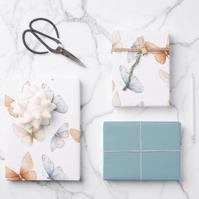 Peach Blue Butterflies Baby Shower Wrapping Paper Sheet (Front)