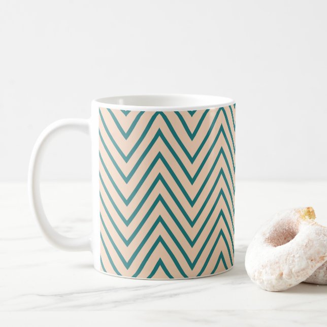 Peach Blue Chevron Stripe Pattern Coffee Mug (With Donut)