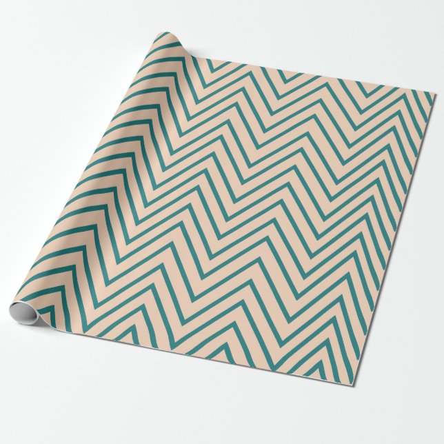 Peach Blue Chevron Stripe Wrapping Paper (Unrolled)