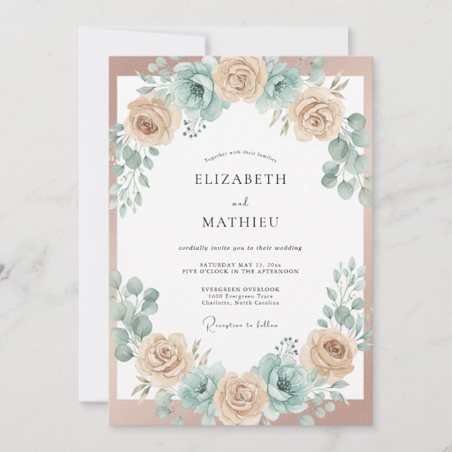 Peach Blue Floral Arch Wedding Invitation (Front)