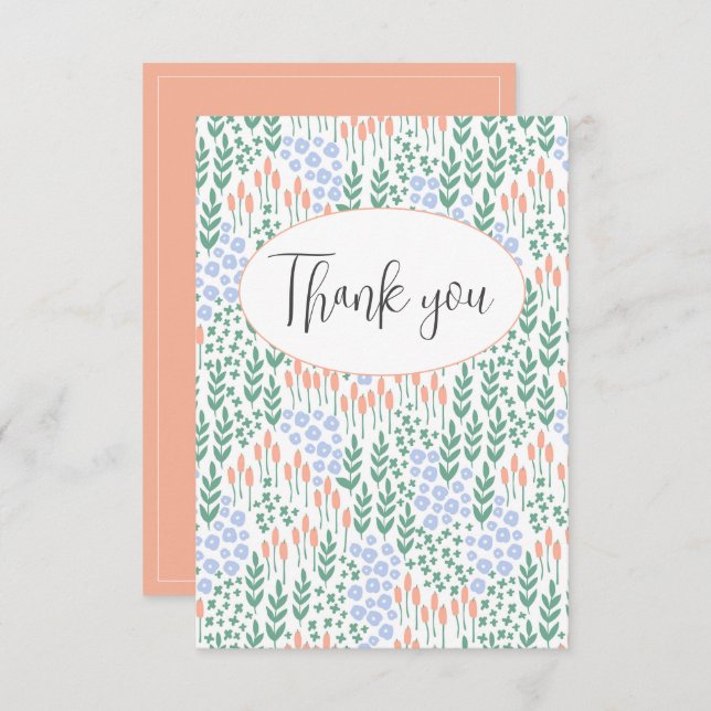 Peach Blue Floral Flat Thank You Card (Front/Back)