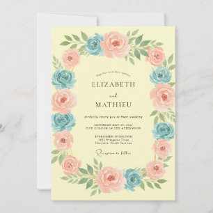 Peach Blue Floral Garland Wedding Invitation