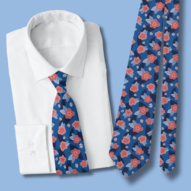 Peach & Blue Floral Pattern Tie (Peach floral blue tie )