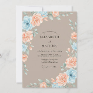 Peach Blue Floral Romance Wedding Invitation