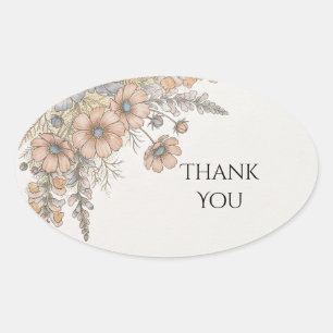Peach Blue Floral Wedding Thank You Oval Sticker