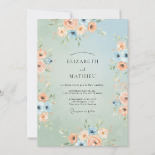 Peach Blue Floral Whimsy Wedding Invitation