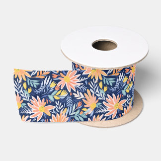 Peach blue folk floral satin ribbon