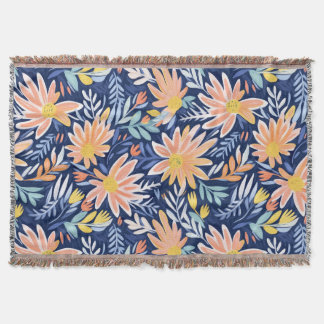 Peach blue folk floral throw blanket