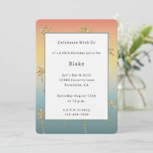 Peach Blue Gold Glitter Palm Trees Birthday Invitation