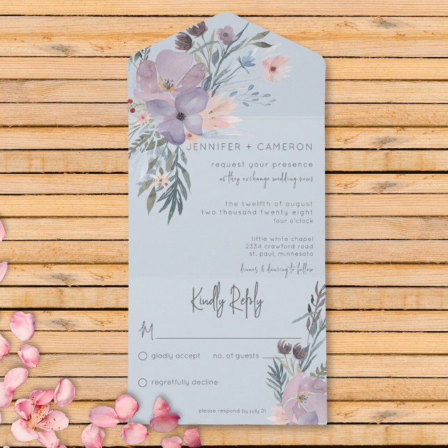 Peach Blue & Lavender Boho Floral Blue No Dinner All In One Invitation (Also available with a QR code or with dinner selection options.)
