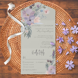 Peach Blue & Lavender Boho Floral Green Dinner All In One Invitation