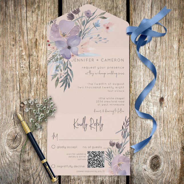 Peach Blue & Purple Boho Floral Peach QR Code All In One Invitation (Creator Uploaded)