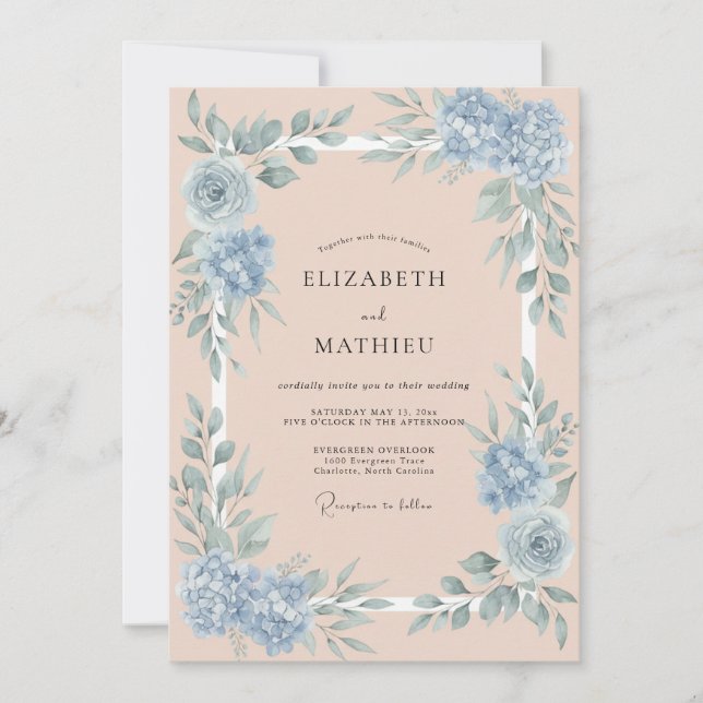 Peach Blue Serene Botanical Wedding Invitation (Front)
