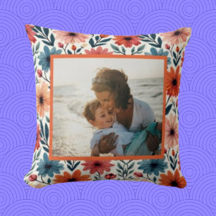 Peach & blue Spring floral pattern Custom photo Throw Pillow