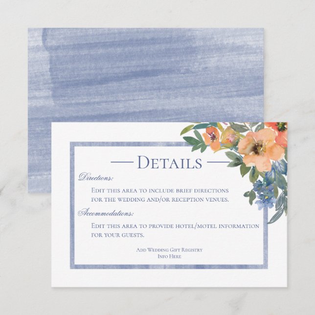Peach & Blue Watercolor Floral Details Enclosure Card (Front/Back)