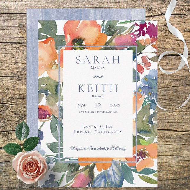 Peach & Blue Watercolor Floral Frame Wedding Invitation (Creator Uploaded)