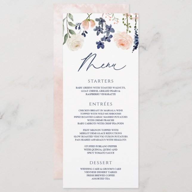 Peach & Blue Wedding Wildflower Botanical Floral Menu (Front/Back)