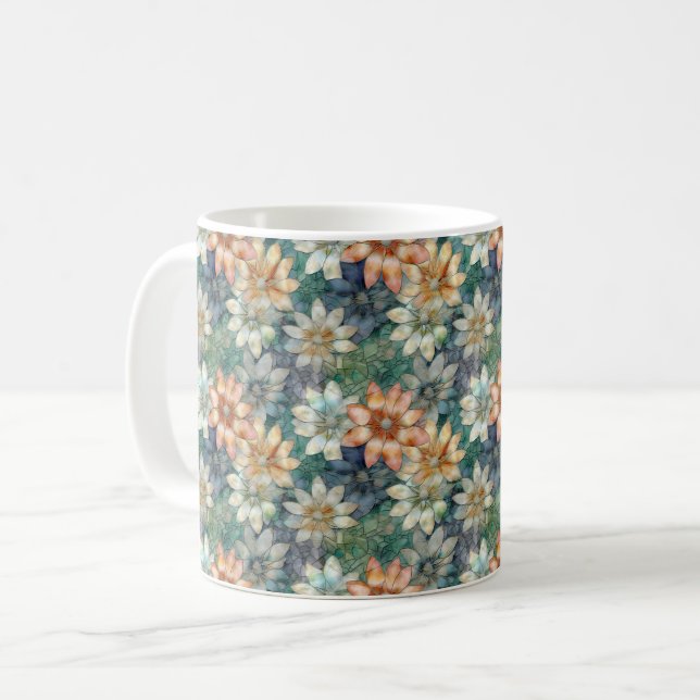 Peach Blue White Green Floral Coffee Mug (Front Left)