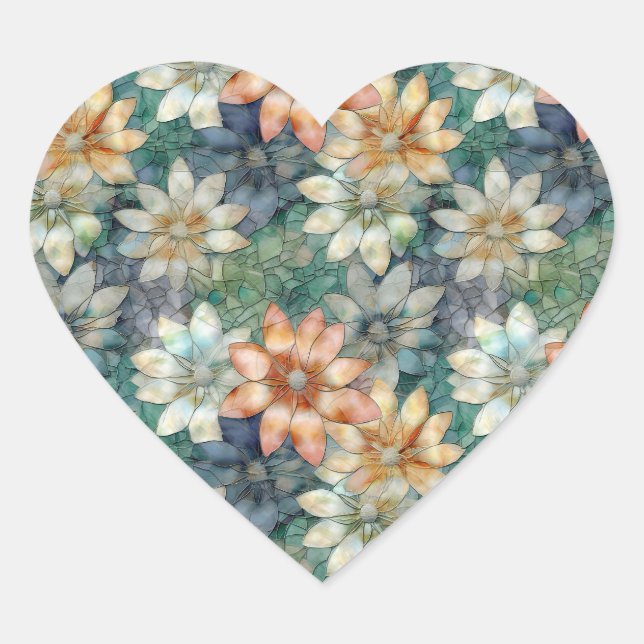 Peach Blue White Green Floral Heart Sticker (Front)