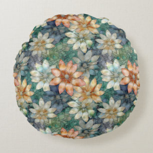 Peach Blue White Green Floral Round Pillow