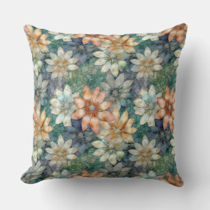 Peach Blue White Green Floral Throw Pillow
