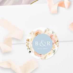 Peach Blush and Blue Wedding Envelope / Favour Classic Round Sticker