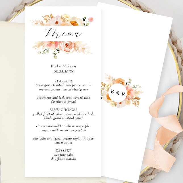 Peach, Blush and Champagne Wedding Menu w/Monogram (Creator Uploaded)