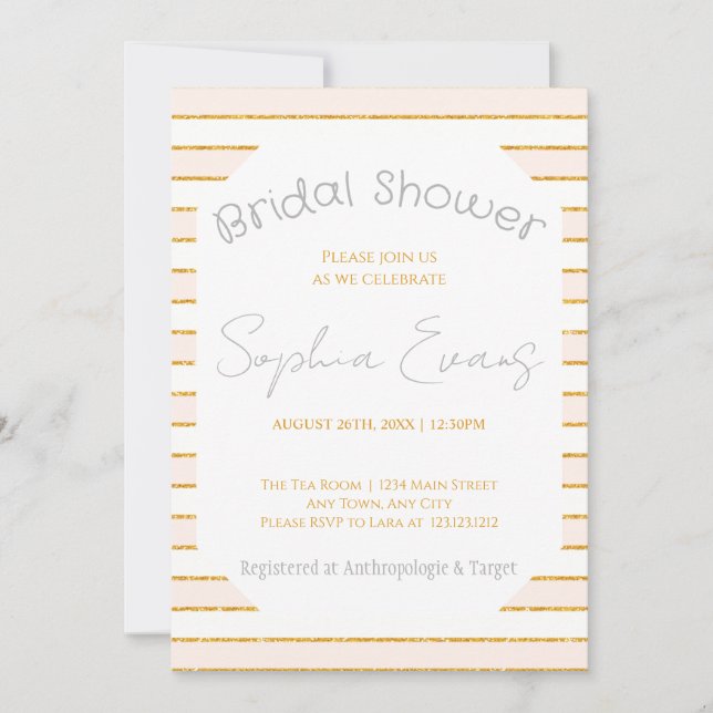 Peach Blush and Gold Striped Bridal Shower Invitation (Front)