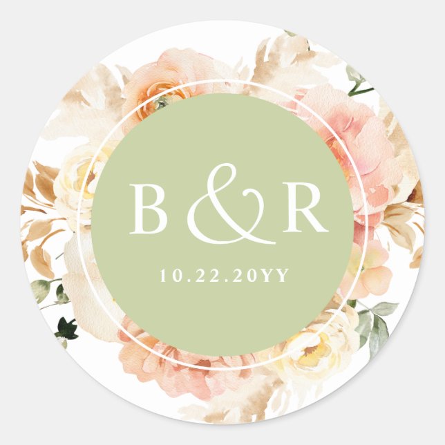 Peach, Blush and Green Wedding Envelope / Favour Classic Round Sticker (Front)