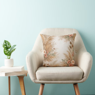 Peach Blush Boho Pampas Floral Frame Throw Pillow
