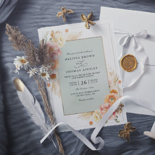 Peach, Blush Cream and Sage Floral QR Code Wedding Invitation