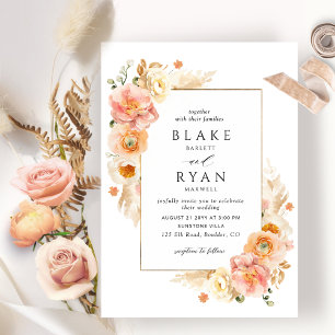 Peach Blush Cream Champagne Floral Elegant Wedding Invitation