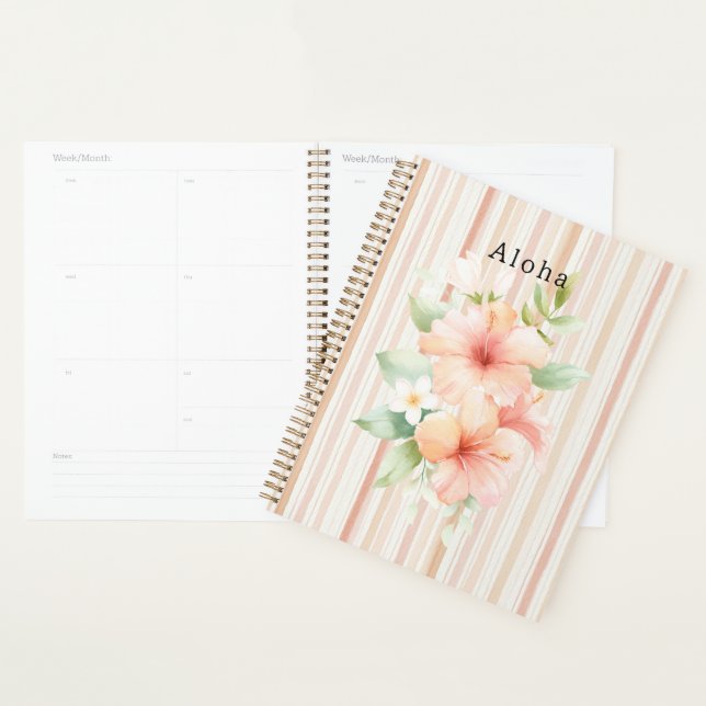 Peach Blush Cream Stripes Tropical Hibiscus Floral (Devant avec enveloppe)