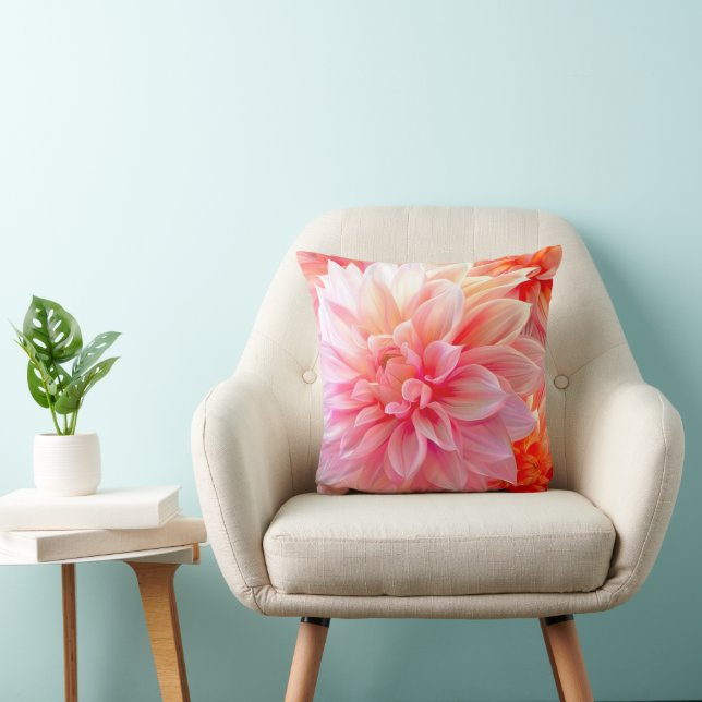 Peach Blush Dahlia Blossom Throw Pillow (Chair)