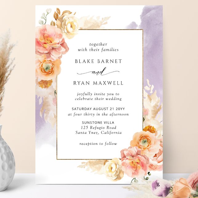Peach Blush Floral, Purple Watercolor Chic Wedding Invitation (Creator Uploaded)