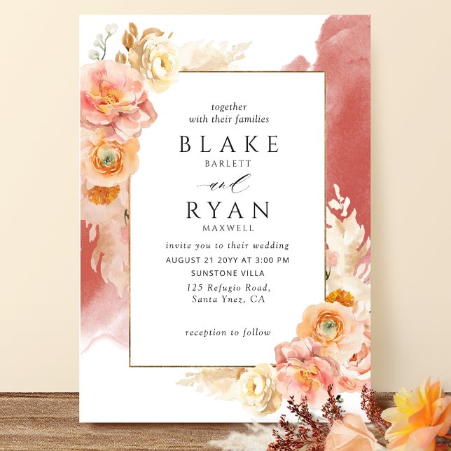 Peach Blush Floral, Rust Watercolor Wedding Invitation (Creator Uploaded)