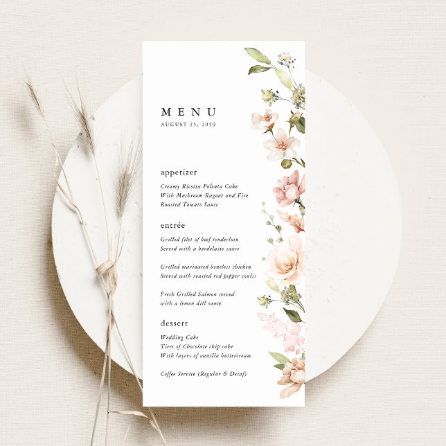 Peach Blush Floral Wedding Reception Dinner Menu (Peach Blush Floral Wedding Menu, Blush Pink Watercolor Wildflower Menu Card, Reception Place Decor)