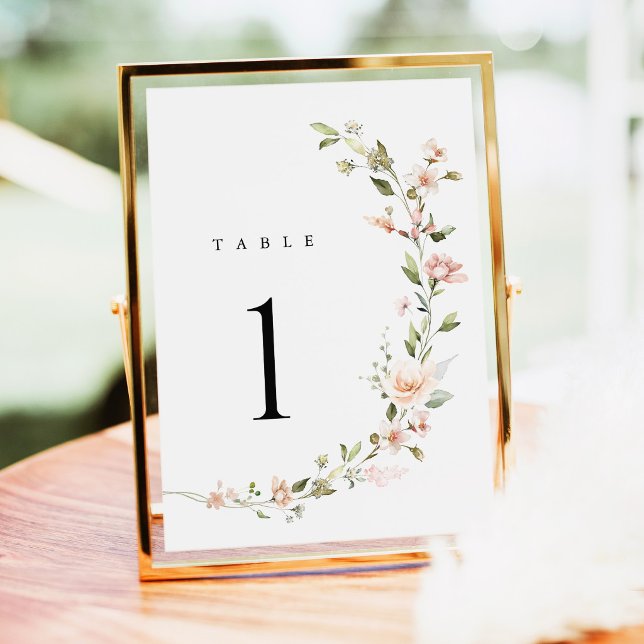 Peach Blush Floral Wedding Table Numbers (Peach Blush Floral Wedding Table Number, watercolor wildflower table sign in gold reception decor)