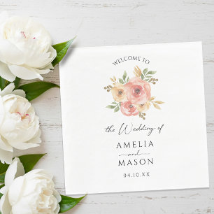 Peach Blush Floral White Wedding Napkin