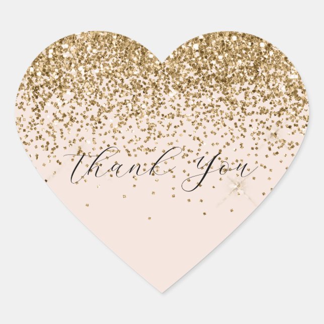 Peach Blush Gold Glam Glitter Thank You Heart Sticker (Front)