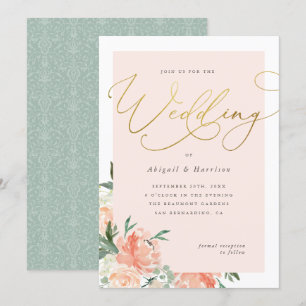 Peach Blush & Gold Script Floral Wedding Invitation
