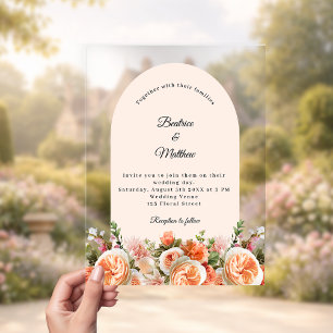 Peach blush ivory florals arch clear wedding acrylic invitations