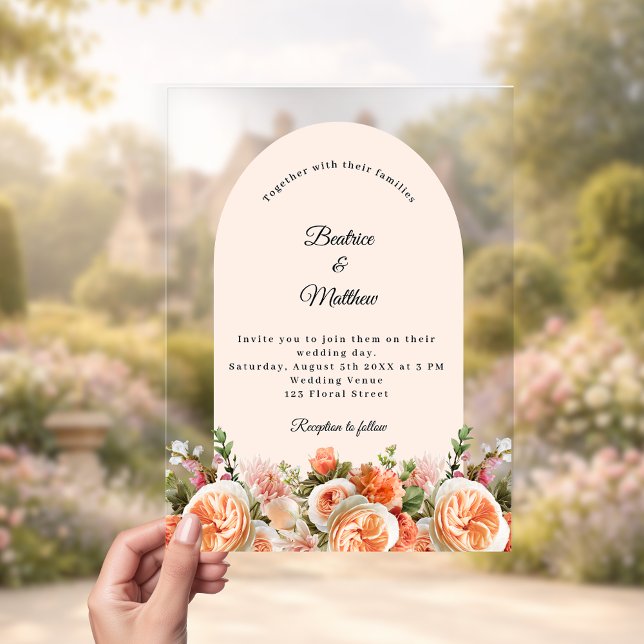 Peach blush ivory florals arch clear wedding acrylic invitations (Creator Uploaded)