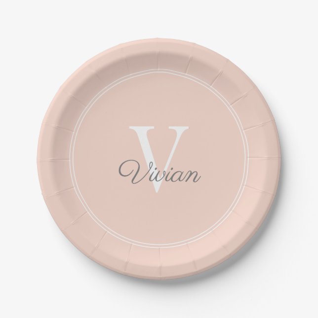 Peach Blush Monogram Birthday Paper Plate (Front)